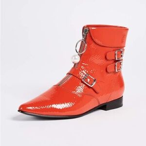 Opening Ceremony Orange Patent Leather Ankle Boots Buckle Zip Detail Size 36